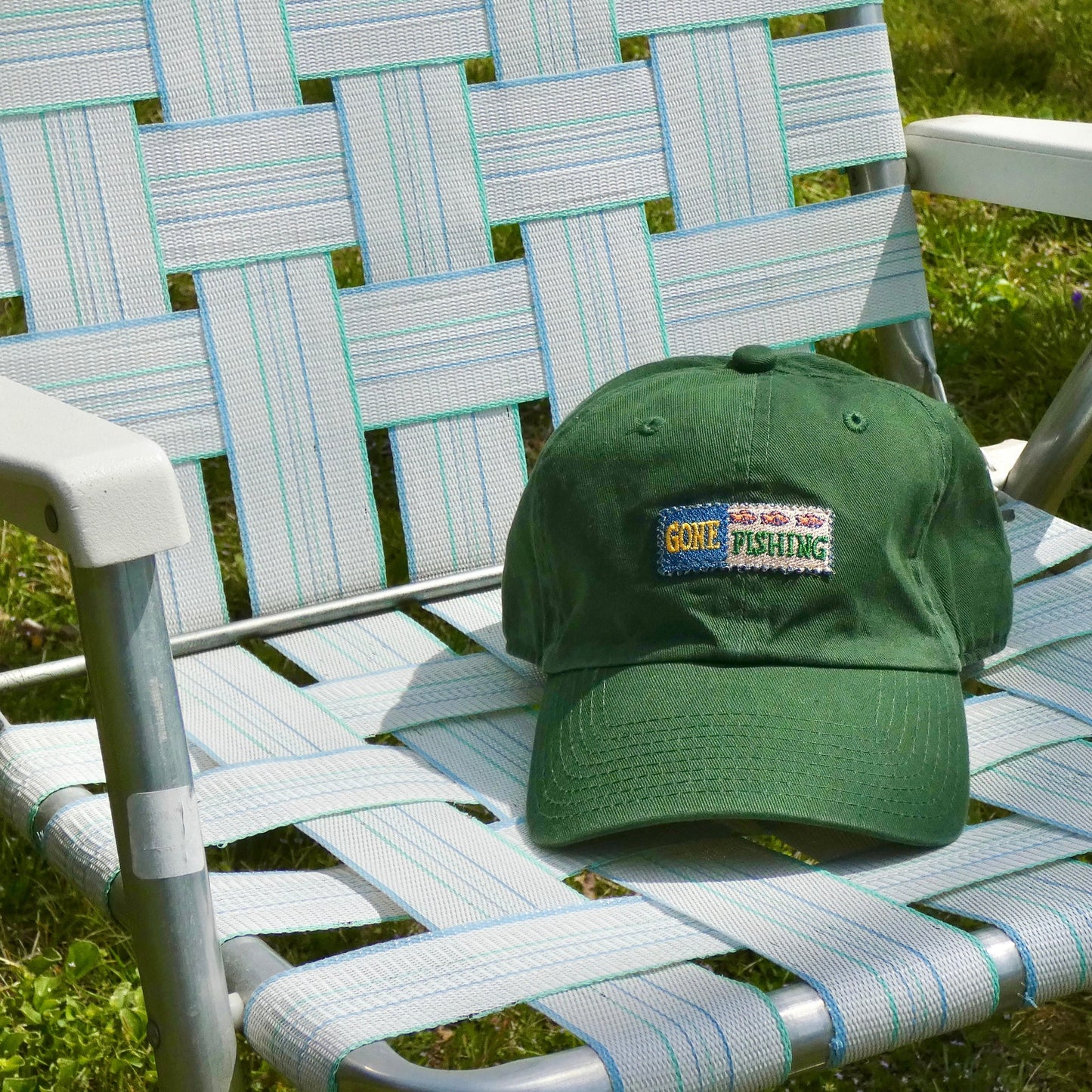 'gone fishing' patch hat